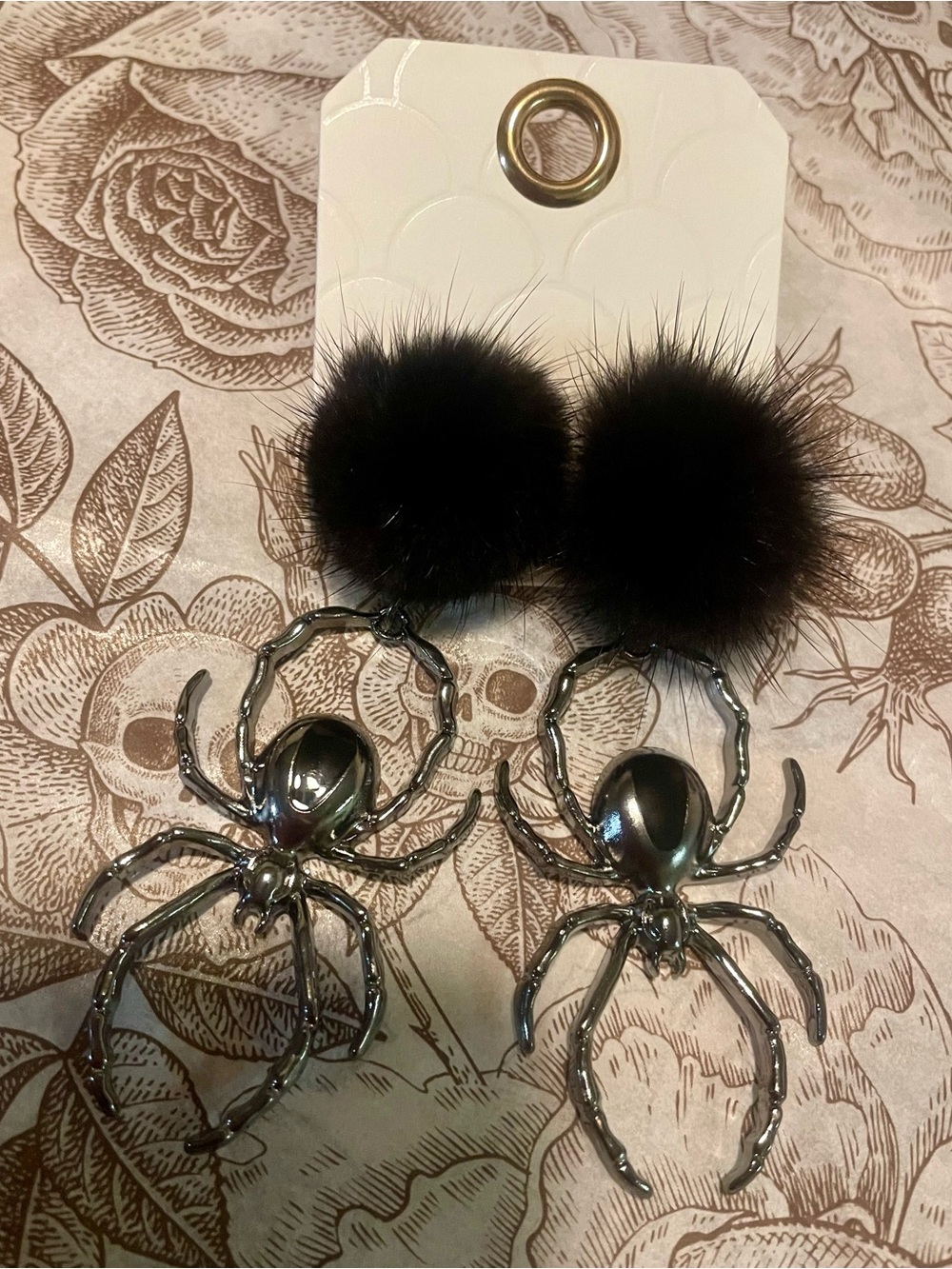 Black Fur Pom & Silver Spider Drop Earrings